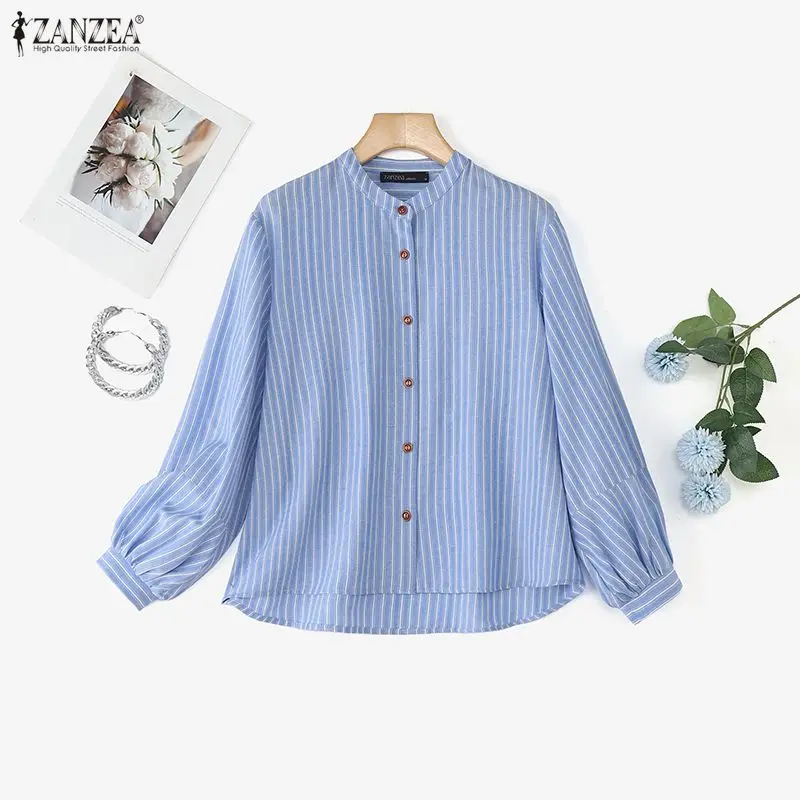 ZANZEA Camicie a righe da donna Moda Bottoni a maniche lunghe Elegante camicetta da ufficio 2026 Primavera Casual Allentato Lavoro Streetwear Top Blusa