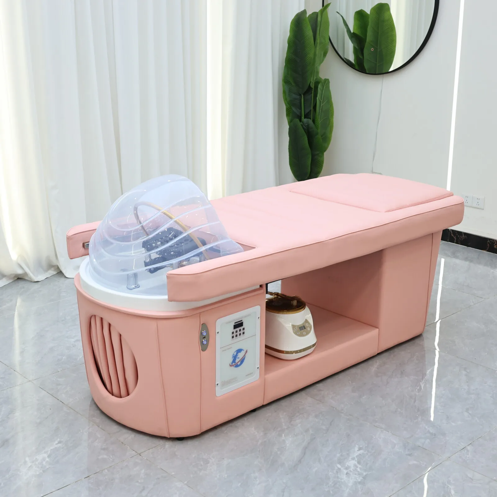 

Head SPA Massage Shampoo Bed, Head Therapy Bed, Thai Massage Table with Foot Bath Basin, Lift the Upper Body to Soak Feet, Pink