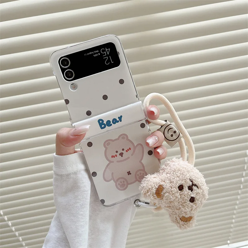 Koreanische Wave Point Cartoon Bär Handyhülle für Samsung Galaxy Z Flip 7 6 5 4 3 Zflip7FE mit Plüsch-Handgelenkschlaufe stoßfeste Abdeckung