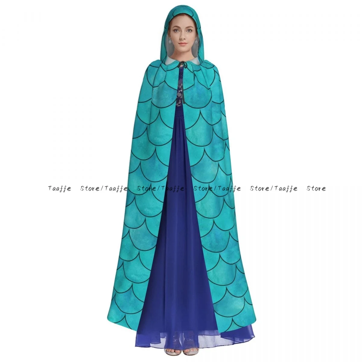 Unisex Halloween Cloak Bright Teal Color Mermaid Fish Scale Wave Cape Hooded Medieval Costume Witch Wicca Vampire