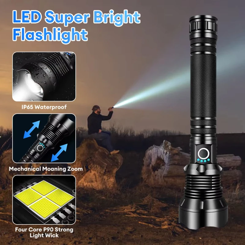 High Power LED Flashlight Type-C USB Rechargeable Tactical Torch 500M Long Range Ultra Powerful Flashlight Camping Lantern