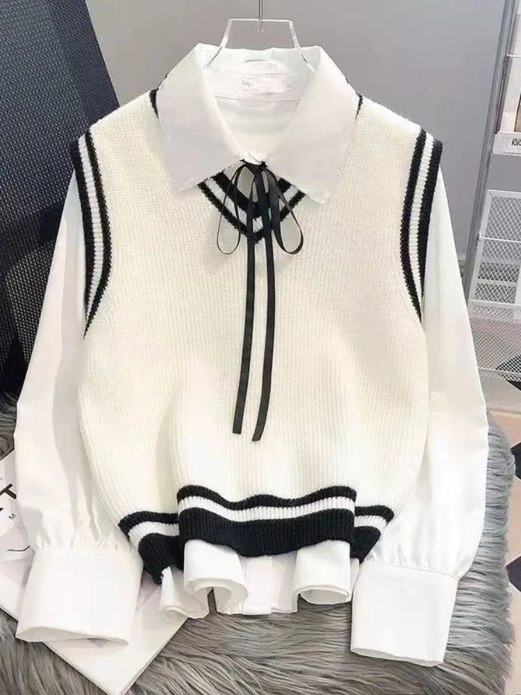 

Autumn American Vintage Preppy Style Long Sleeve 2 Piece Shirt Sets Y2k Casual V Neck Vest + Elegant Loose Bow Blouse 2000s Suit