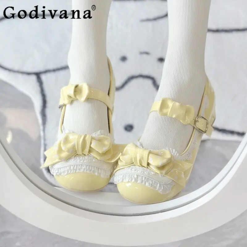 

Japanese Style Girls Daughter's Kawaii Yellow Lolita Cosplay Shoes Spring Summer Women Cute Polka Dot Bow Lace Mary Jane Shoes