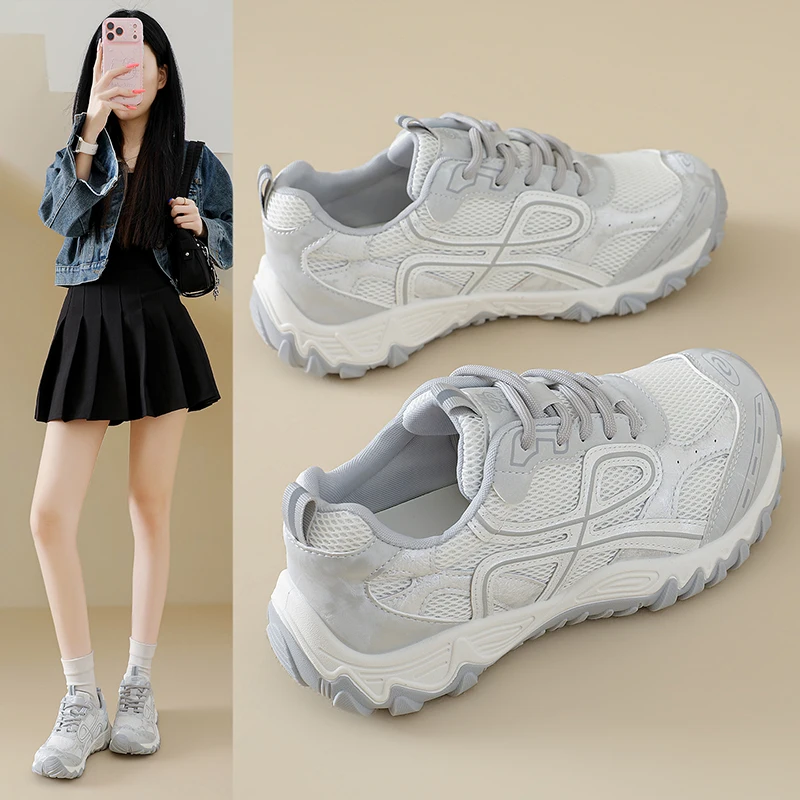 Thick sole height increasing thin breathable women's lightweight soft sole anti slip sports and leisure shoes round toe shoes