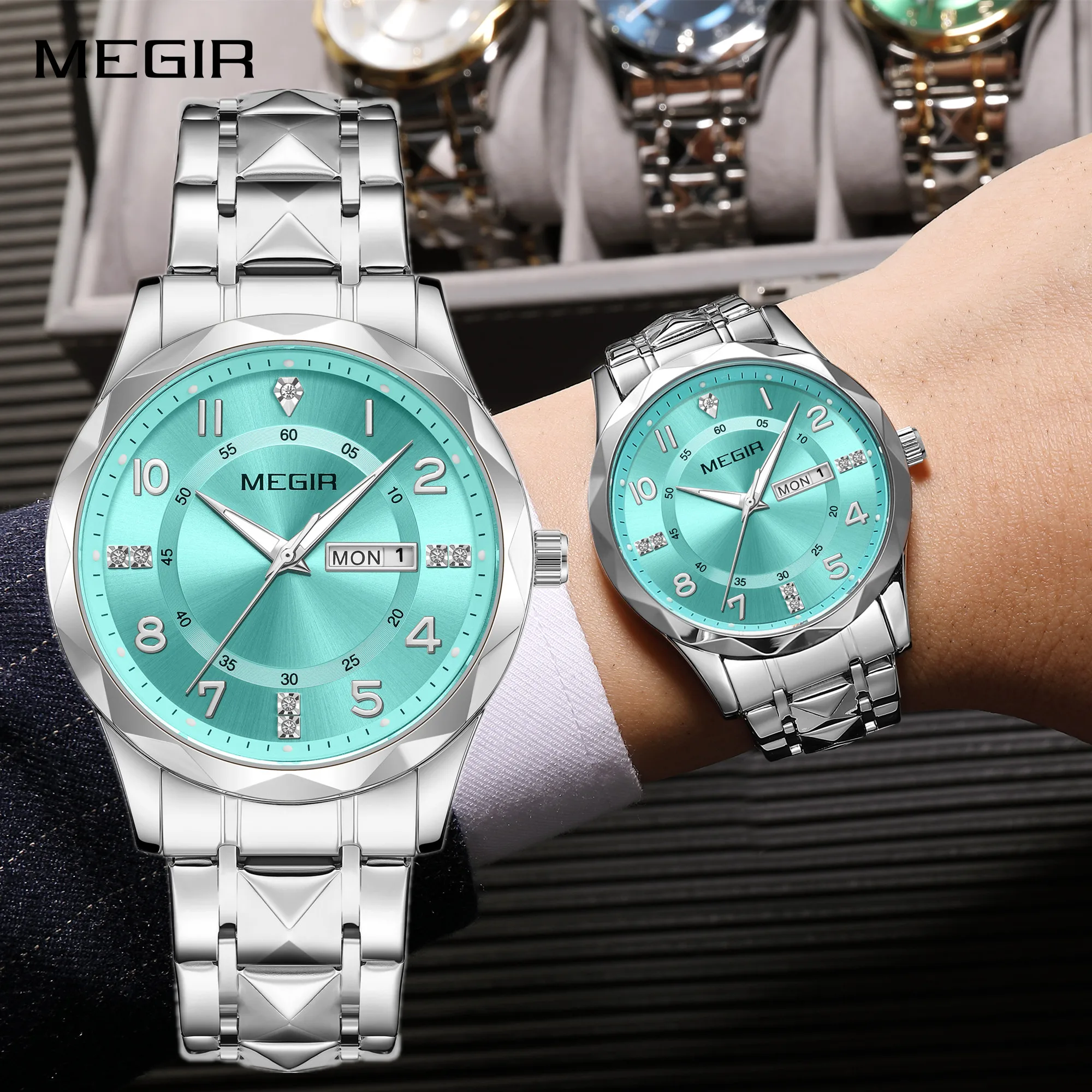 MEGIR Luxury Men Quartz Watch 41MM Big Dial Sport Casual Wristwatch Waterproof Luminous Clock with Date Week Display Steel Strap
