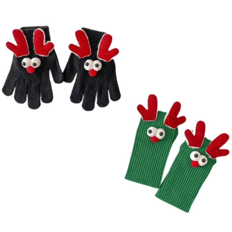 Winter Warm Gloves with 3d Reindeer Decors Christmas Gloves/Socks For Parties Family Gathering Parents-Kids Knitwear