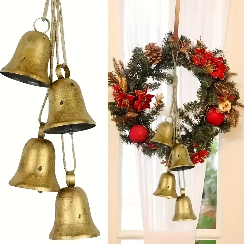 4pcs Vintage Golden Bell Set Rustic Farmhouse Christmas Decorations with Hanging Bells for Tree Wreaths Windows Doors Home Decor