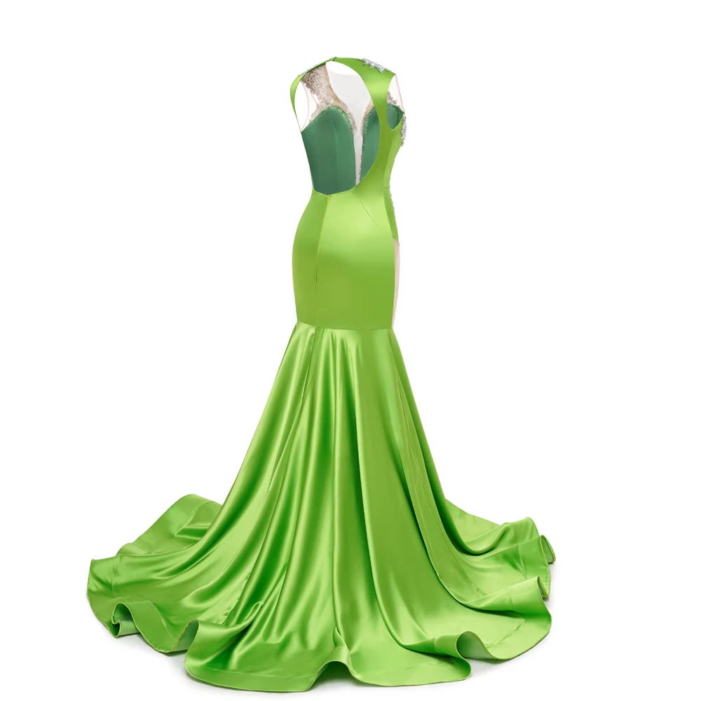 Sexy Deep V Neck Evening Dresses Women Backless Green Satin Beading Crystal Mermaid Formal Party Prom Gowns Vestidos De Fiesta