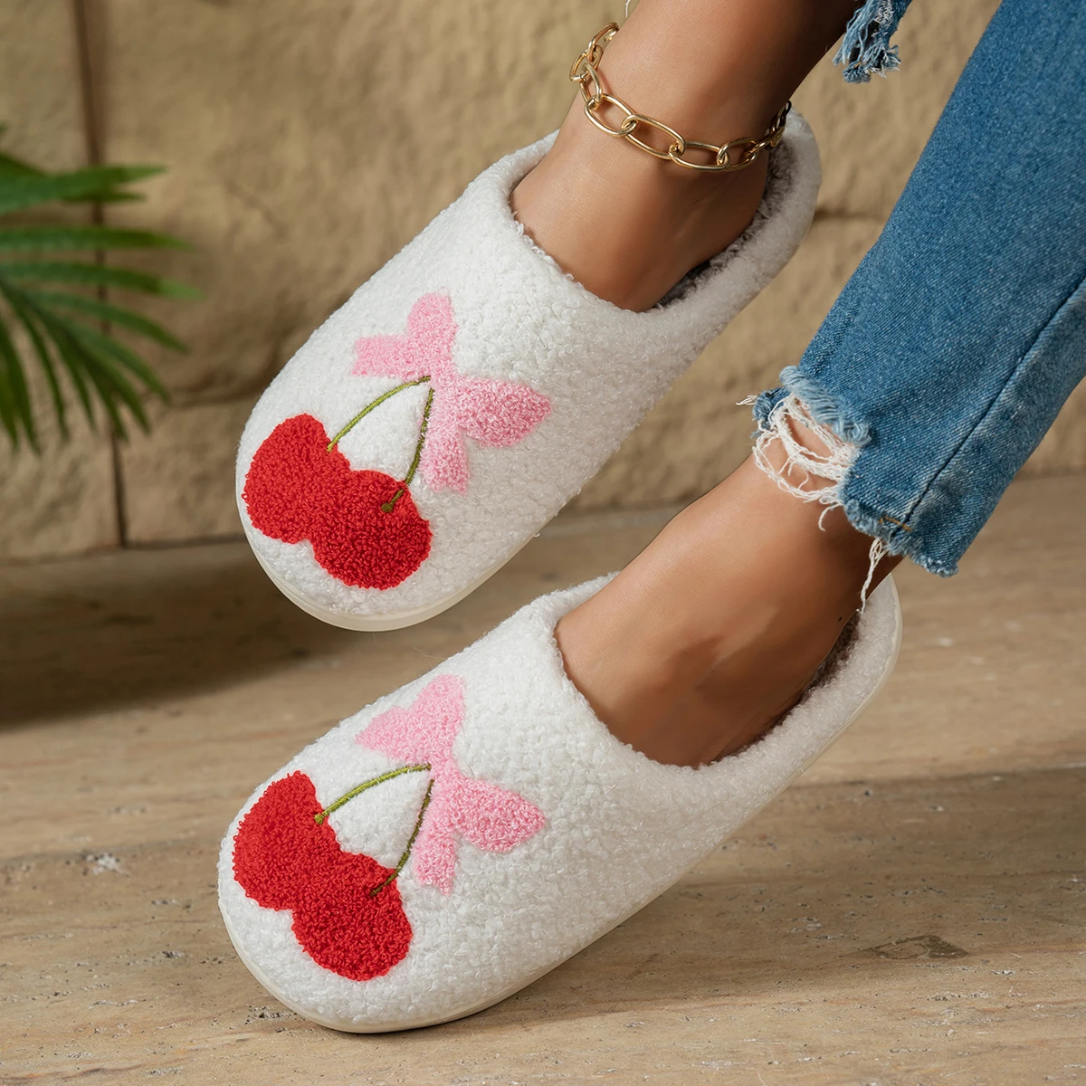 Warm Fashion Winter Girl's Slippers Fruit Cherry Pattern Bedroom Comfy Indoor Cute Bow Casual Soft Sole Women's Fuzzy Home Shoes