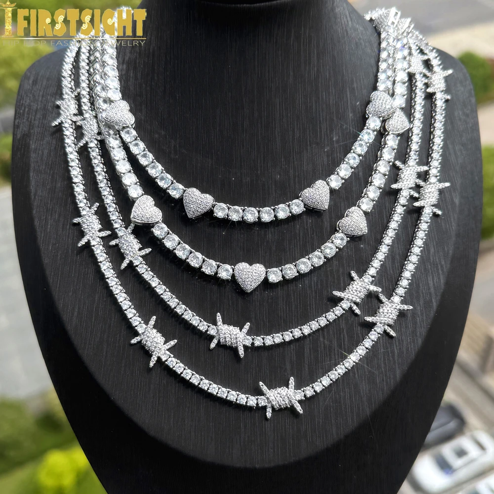 

New Geometric CZ Bar Barbed Wire Charm Necklace With 3MM Tennis Chain 5A Cubic Zirconia Fashion Women Men Hiphop Jewelry