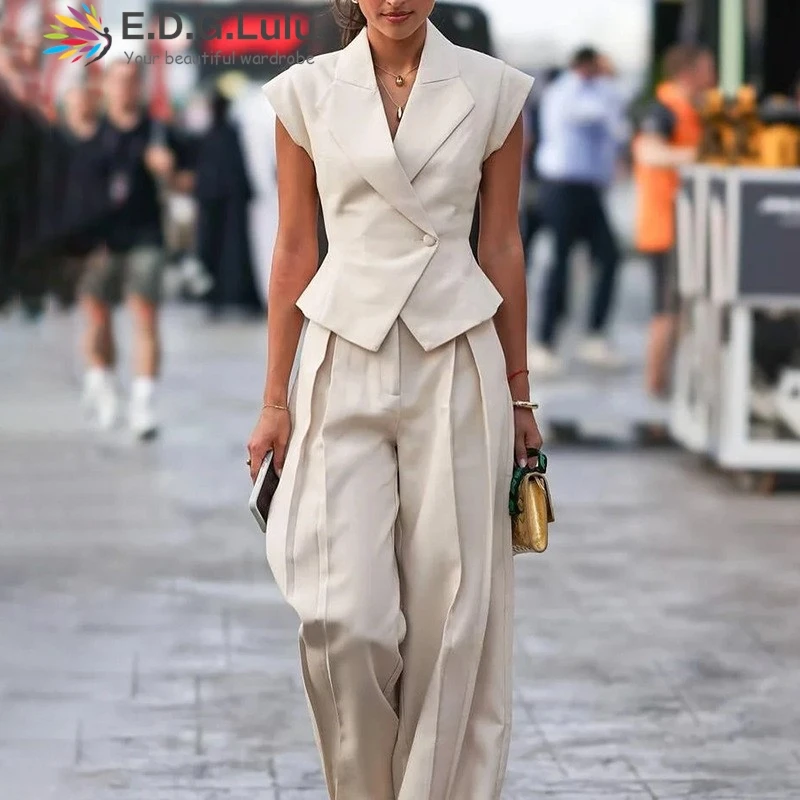 

EDGLuLu Fashion Women's Casual Turn-Down Collar Sleeveless Top+Wide Leg Pants Set Workwear For Office Ladies