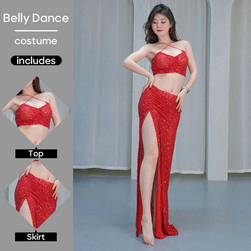 مجموعة أزياء الرقص الشرقي للنساء، بلوزة صيفية وتنورة بدون أكمام ترتر للبالغين، ملابس ممارسة أداء المسرح، ملابس مناسبة