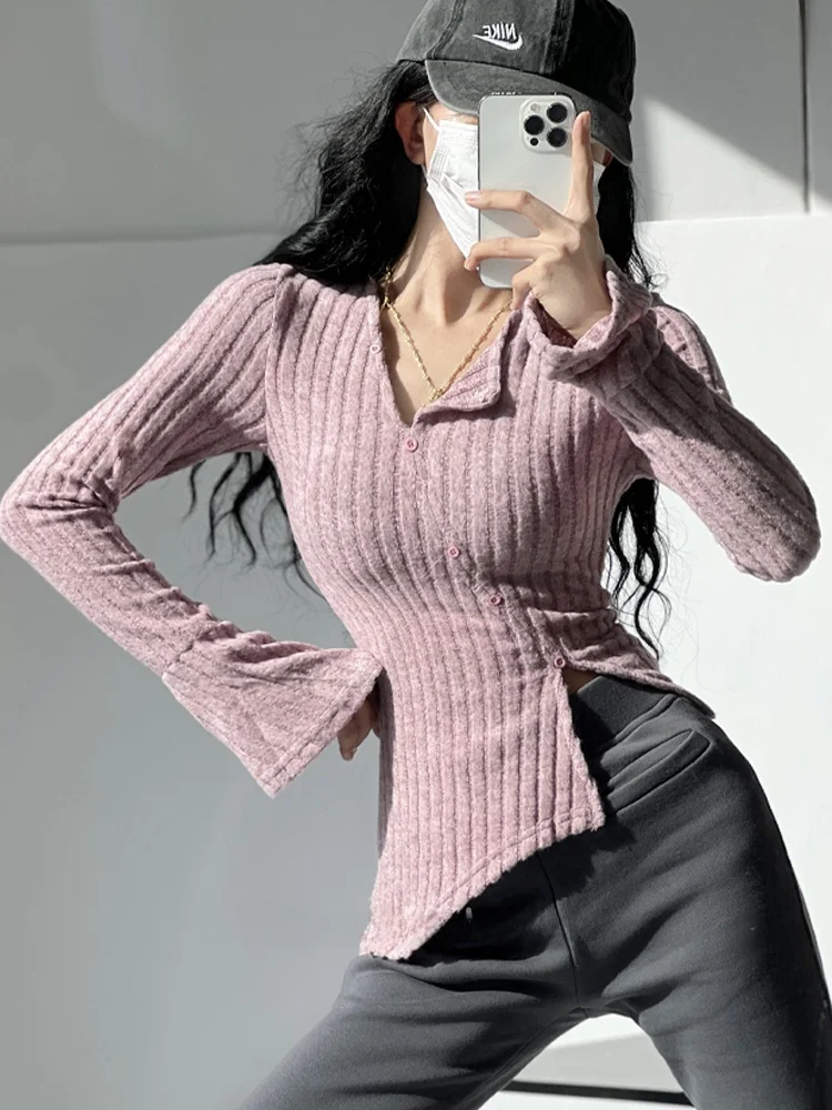 Maglieria V-Ne slim fit da donna lunga Sve Street Sle Color ort Lunghezza bottoni Design T-shirt casual Faion