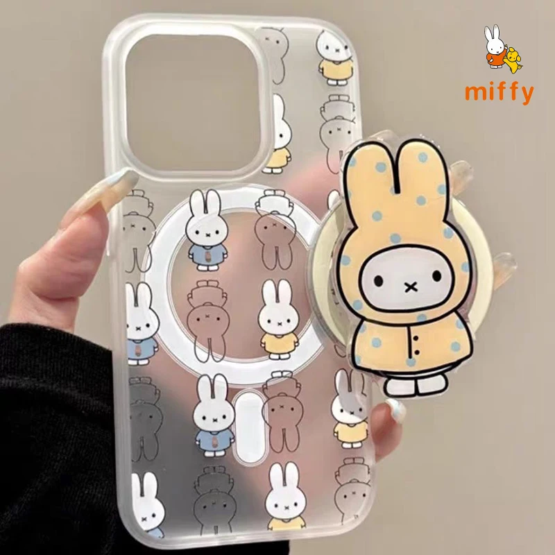 Милый чехол для телефона Miffy подходит для Iphone 17, 16, 15, 14, желтый плащ с кроликом, магнитный держатель, чехол для телефона с защитой от падения, идеальные подарки