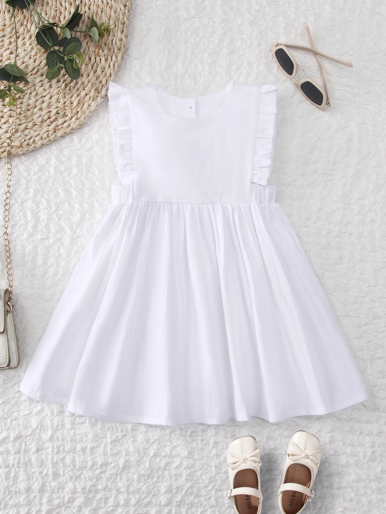 Summer Baby Girls Cute Dress Toddler Kids Cotton Linen Ruffle Sleeve Dress White