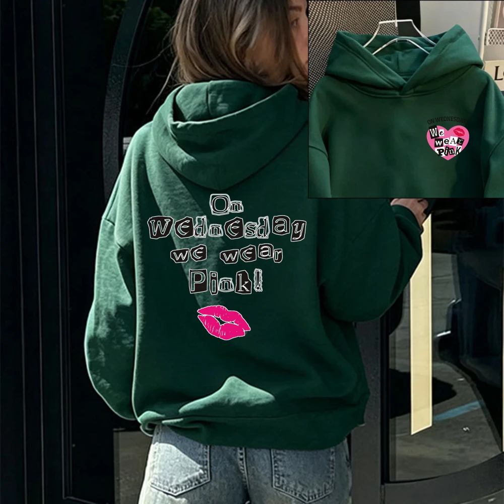 On Wednesday We Wear Hoodie Pink Lips Heart Graphic Front Back Print Pullover Casual Women Fashion Aesthetic Trendy Letter Tops view 3