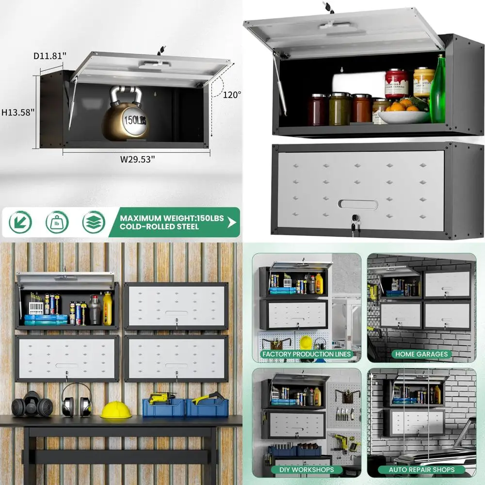 

Secure Wall-Mounted Storage Cabinet for Garage, Workshop, or Kitchen - 130 lbs Capacity, Black/Grey