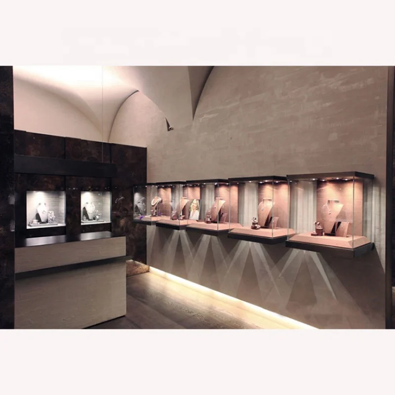 Custom hot sale glass wall mounted display with LED lights for jewelry shop showroom display showcase