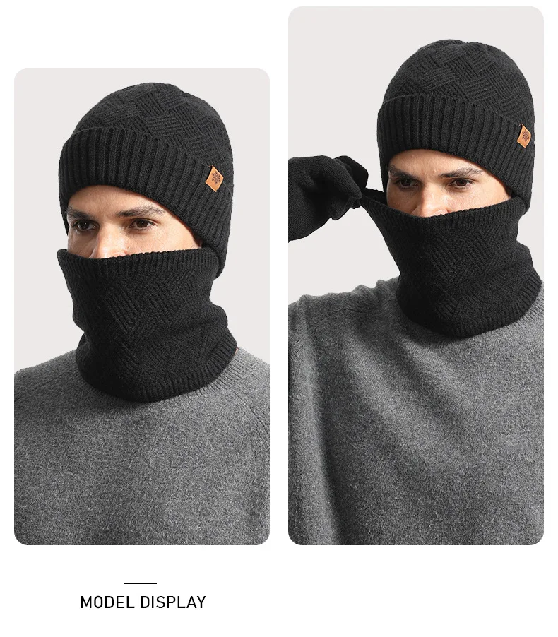 مجموعة قبعات شتوية متماسكة للرجال - مجموعة قبعة وقفازات سميكة من الصوف بطبقة مزدوجة. القبعة متوفرة أيضًا للفصل