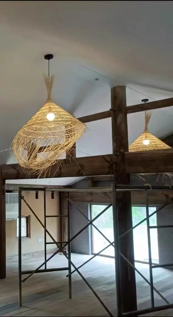 Wabi Sabi Ratten E27 Led Pendant Light Japan Style Metal Dining Room Hanging Lamp Nordic Suspend Lamp Fixtures Led Luminarias