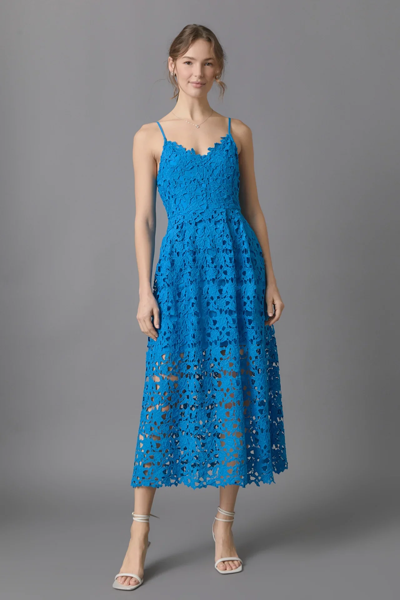 Słodka, wyszczuplająca sukienka midi z wysokim stanem, w kształcie litery A, z wielokolorową koronką, na ramiączkach, z włókna poliestrowego, idealna na lato, do pracy i na co dzień.