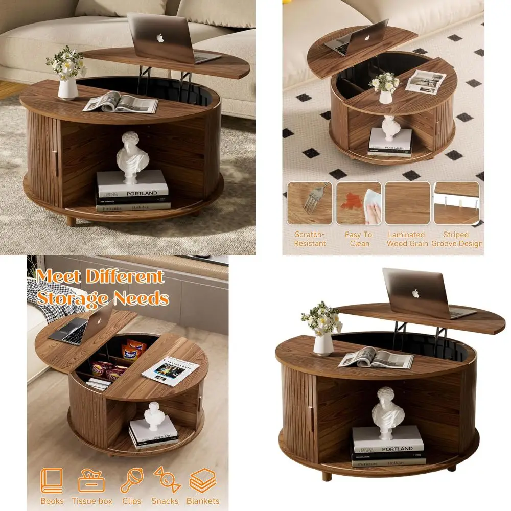 

Mid Century Modern Lift Top Coffee Table with Storage, 180° Sliding Door, Small Circular Walnut Dining Table for Living Spaces