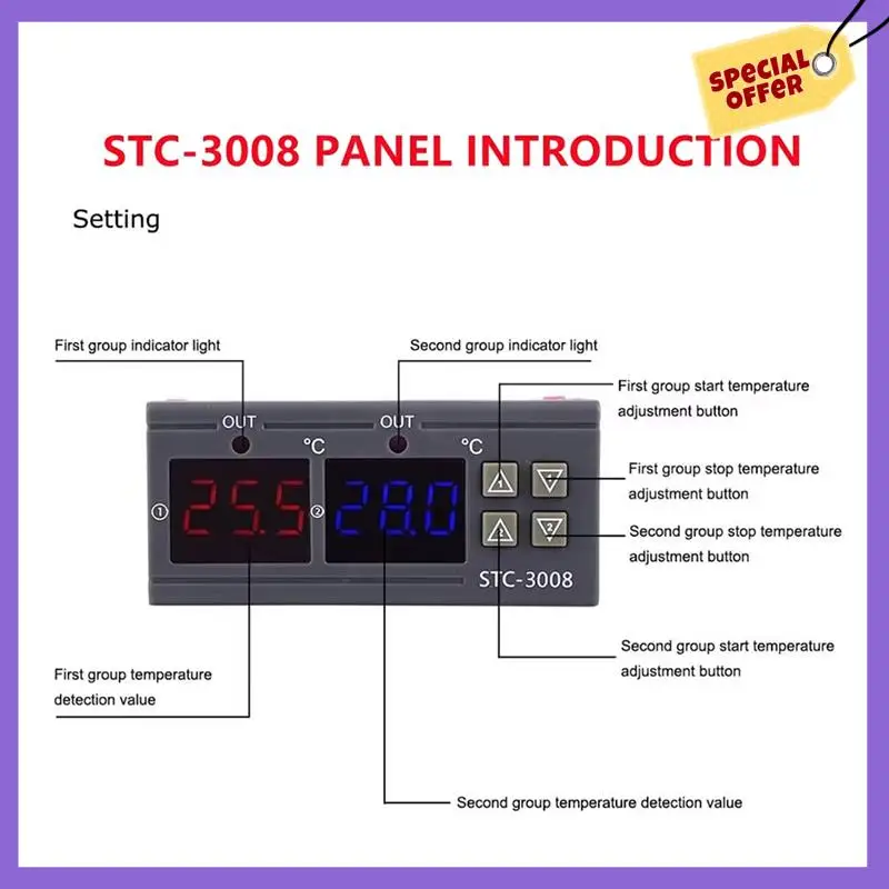 

-A96Z двойной цифровой регулятор температуры STC-3008 с двумя релейными выходами, термостат, нагреватель с зондом, регулятор температуры 12 В
