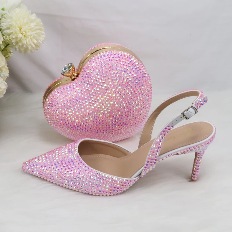 2022 New Arrival Heart Pink AB Bling Pointed Toe Wedding Shoes and bag Woman High Pumps Thin Heel Party Shoes woman Slingbacks