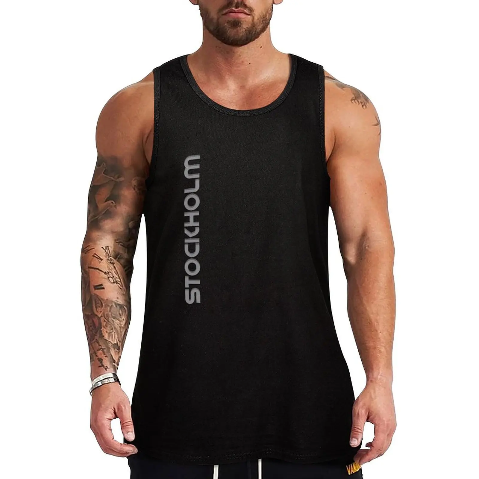 

Stockholm Vertical Text Tank Top Lightweight Sleeveless T Shirt Basic Casual Top