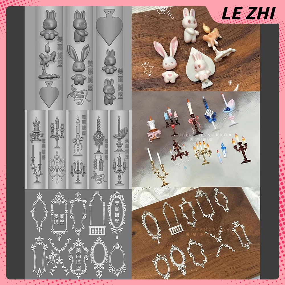 

1Pcs Vintage Cartoon Rabbit Candle Silicone Nail Art Carving Mold Decorations Candlestick Love Heart Frame Bowknot Nails Mold