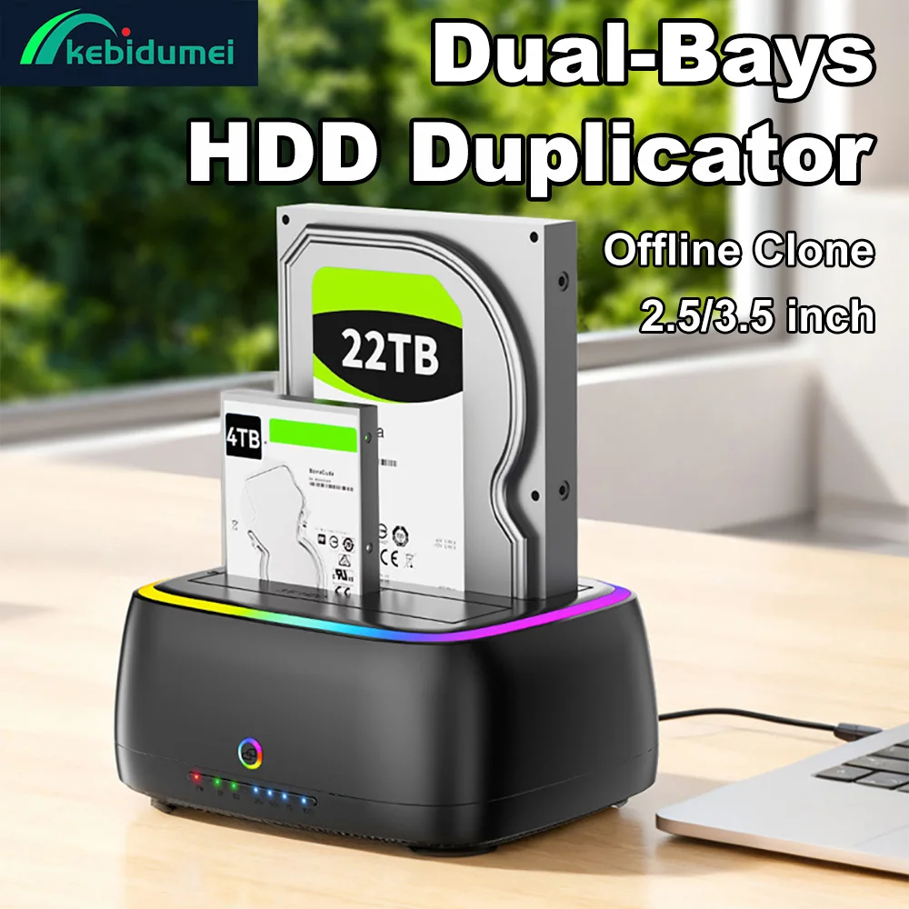 

Kebidumei HDD Docking Station Dual-bays One Click Offline Clone SATA to USB 3.0 Adapter for 2.5" 3.5" HDD Case RGB Lights Effect