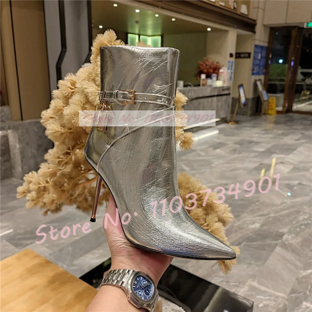 Gold Lock Metal Heels Pointed Toe Boots Ladies Zipper Belt Buckle Croc Pattern High Heels Shoes Women Trendy Sexy Mid Calf Boots