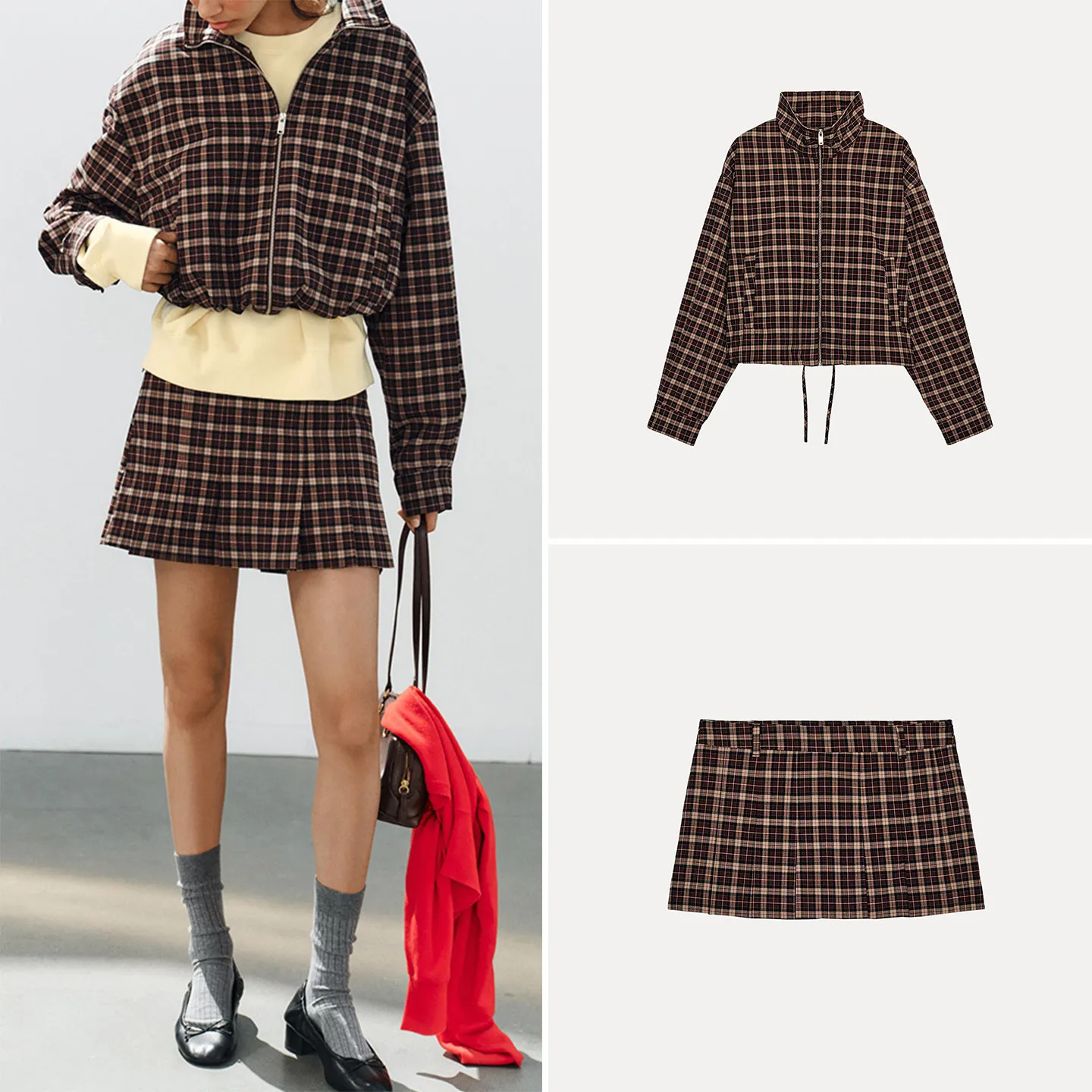 Women's Plaid Zipper Collar Jacket 3067757 Wide Pleated Skirt Pants 3152509 Fashion Set Autumn 2026 ZADATA Brand
