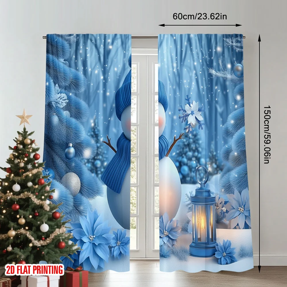 2pcs 2D flat printing Christmas Party Curtain Cute Snowman Blue Christmas Trees 100% Polyester Without Electricity Holiday