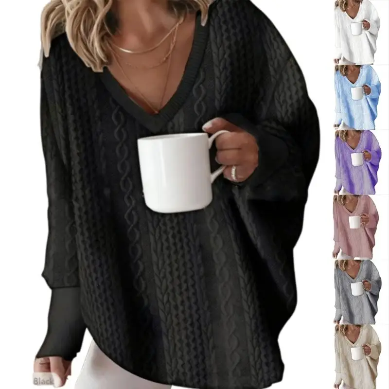 652F Women's Cable Knit Pullover Casual Oversized Long Sleeve Loose Sweater Top