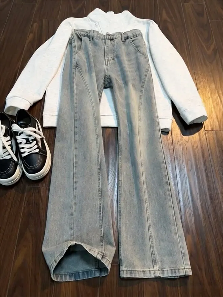 

Cleanfit Light Blue Men's Straight Leg Jeans Spring High Street Vibe Slim Fit Bootcut Trousers High Waist Denim Pants