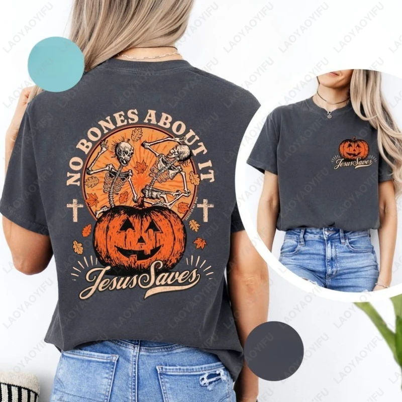 Halloween Christian No Bones about It Jesus Saves Tops Funny All Saints' Day Skeleton Pumpkin Tees Men Women Bible Cotton Tshirt