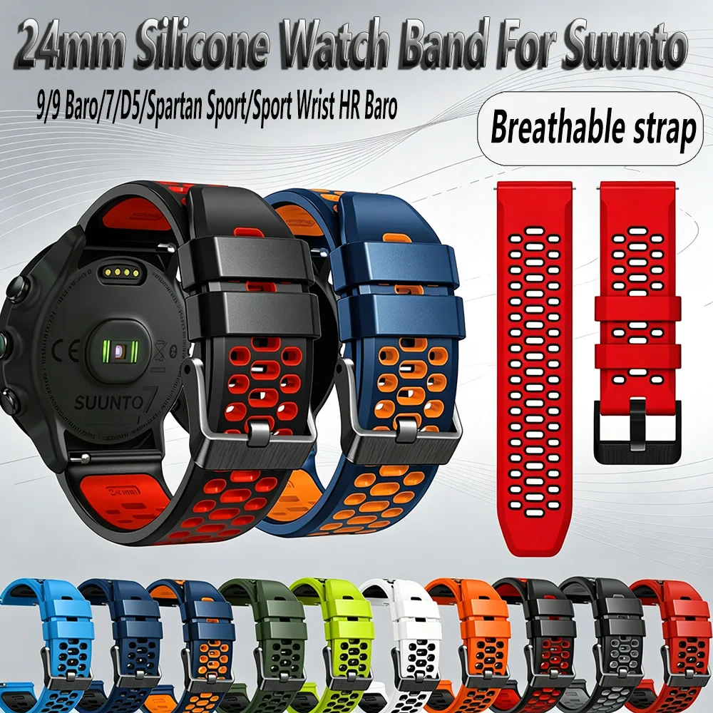 24mm Silicone Watch Band For Suunto watch 9/9 Baro/7/D5/Spartan Sport/Sport Wrist HR Baro Breathable water-resistant watch strap