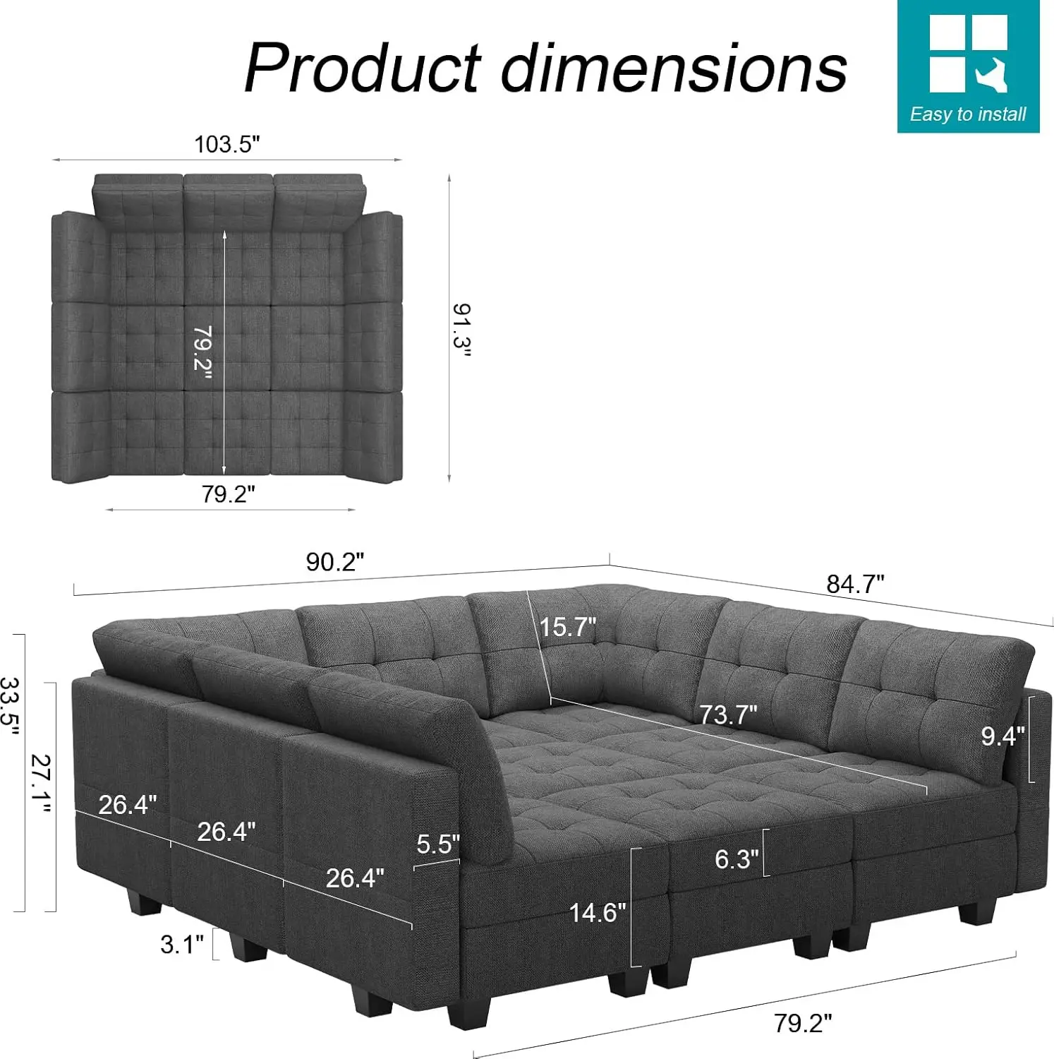 Modular Sectional Sleeper Couch with Storage Seat Reversible Modular Sofa Oversized Sleeper Sectional Sofa Bed Set Dark Grey