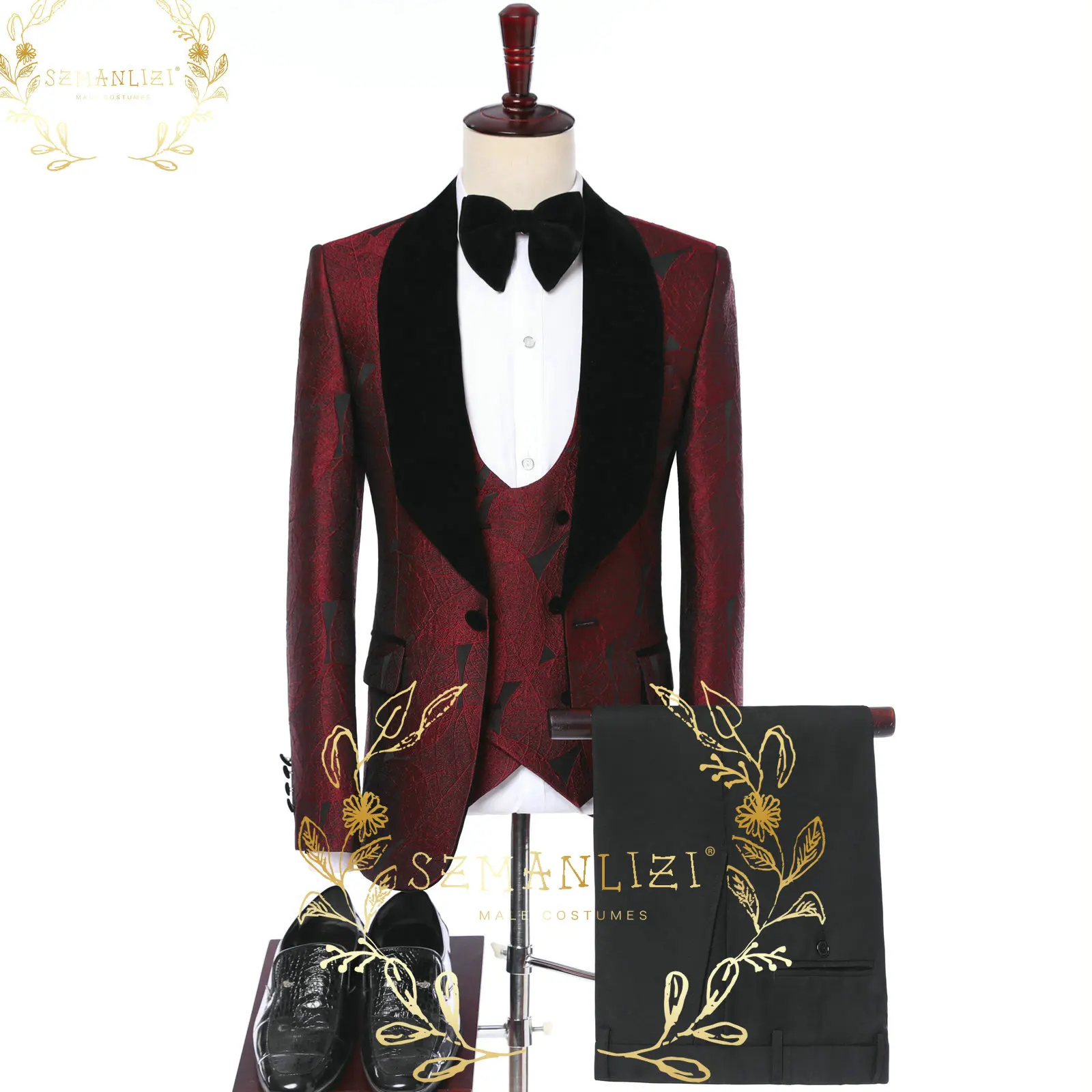 

Burgundy Floral Men's Suits Velvet Shawl Lapel Slim Fit Male Groom Party 3 Piece Jacket Pants Vest Wedding Clothing Sets 2024