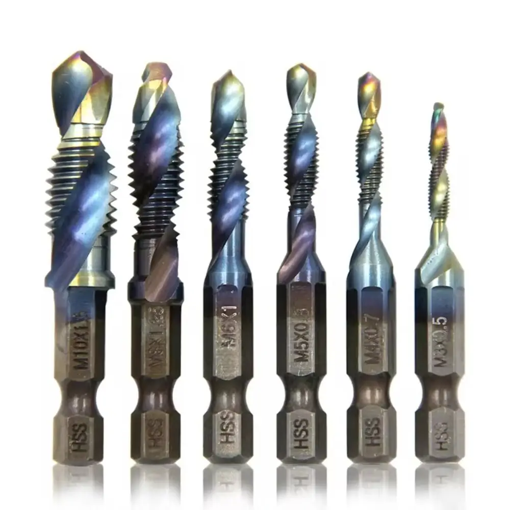 6Pcs Hexagon Shank Blue Composite Tap Plating Blue Drilling and Tapping Integrated Tap Chamfering Tool Set Anti-shock