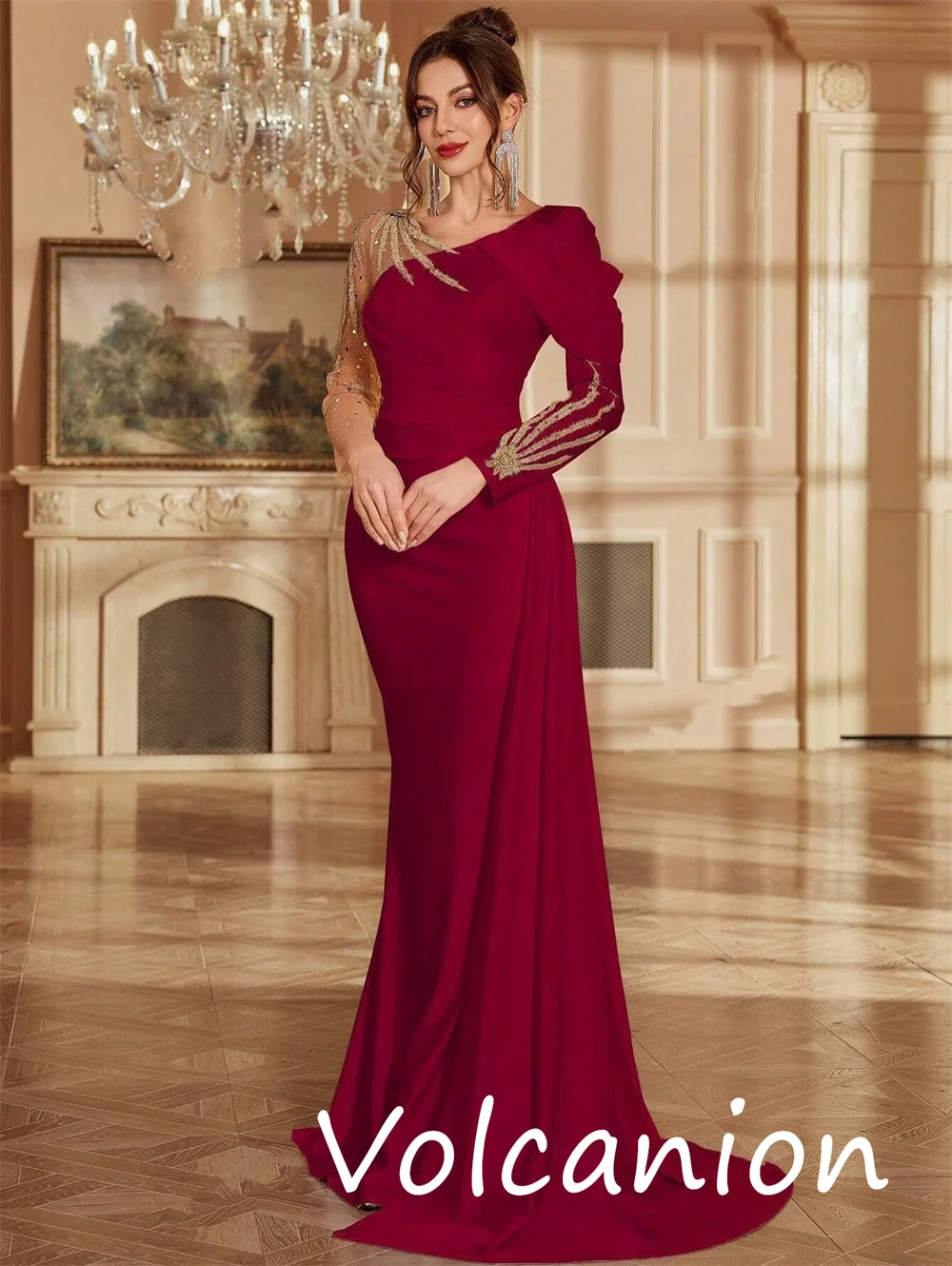 Customized Sparkle Exquisite Jersey Sequined Pleat Trumpet Scoop Neck Long Dresses Bespoke Occasion Simple