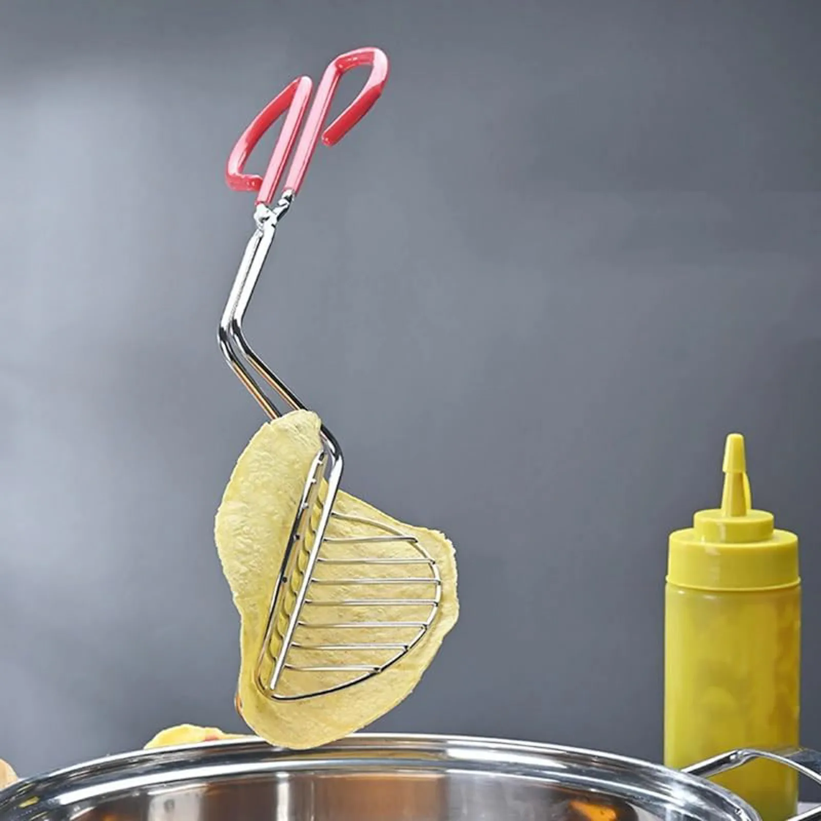 Tong U Shaped Stainless Steel Big Grocery Clip with Plastic Grip Kitchen Cooking Taco French Fries Fried Basket Colander Clip