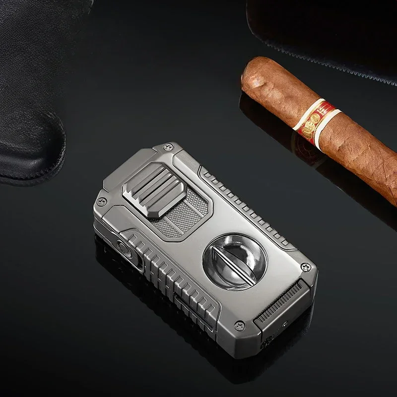 Creative Three Fire Windproof Turbo Cigar Lighters Comes with V-shaped Cigar Clipper Portable Butane Gas Igniter Welding Gun