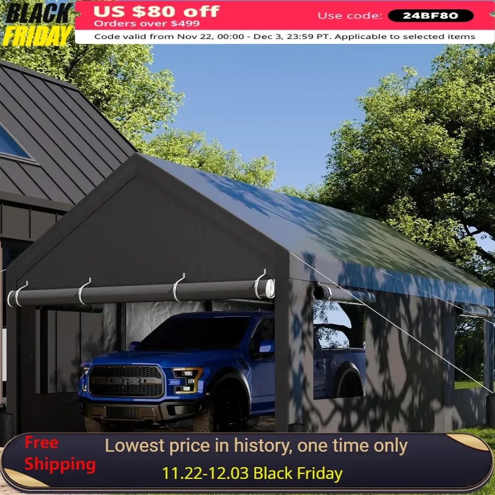 

Carport, 12x20 Ft Heavy Duty Carports with Roll-up Windows with Removable Sidewalls & Doors, Carport