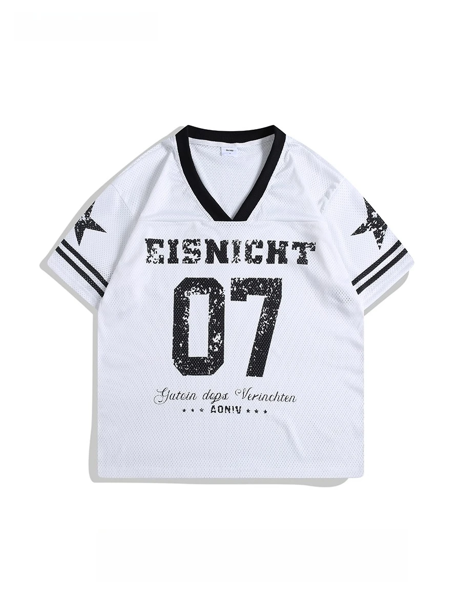 

American Ice Hockey Uniform Short-sleeved T-shirt Unisex Mesh Quick-drying Breathable Rugby Basketball Sports Jersey V-neck Tee