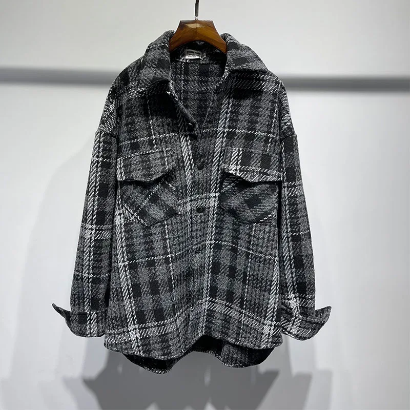 

Autumn and winter original dark wind loose simple thick plaid shirt coat male street fashion brand cargo coat