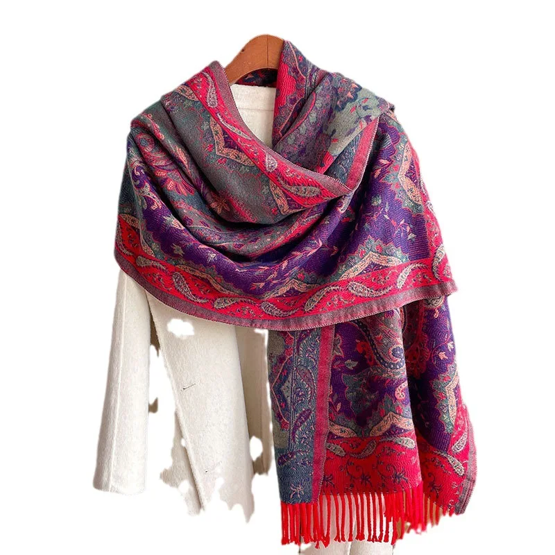 Outdoor Jacquard Scarf Thick Cashmere Tassel Shawl Winter Warm Neck Wrapped in Cashmere Flower Traveling Women's Paisley