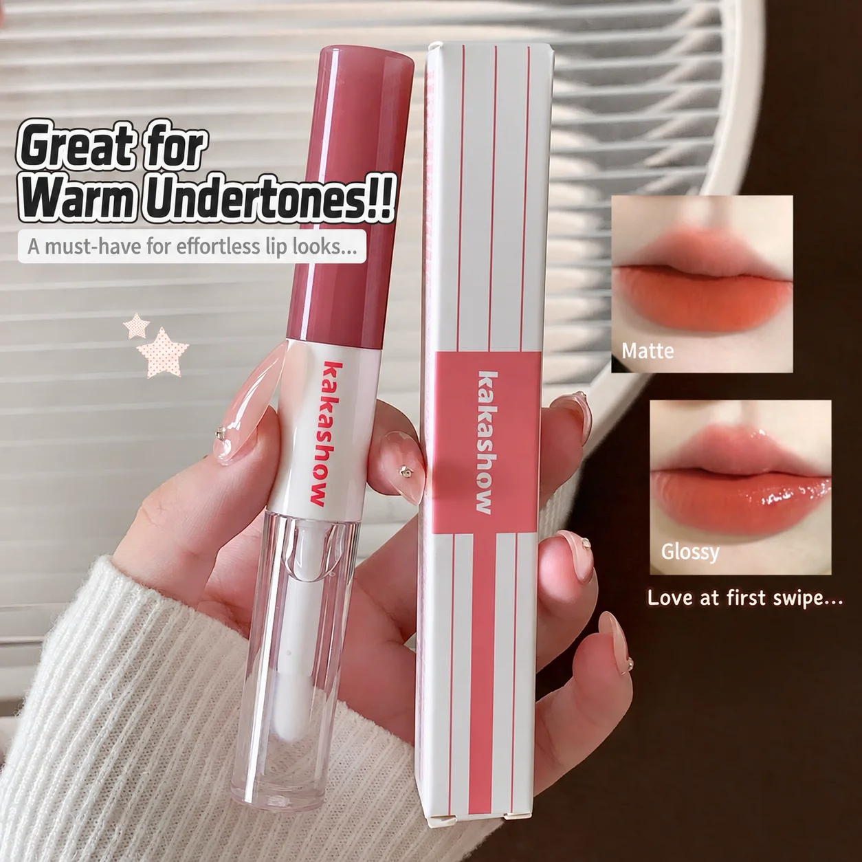 kakashow 2 in 1 Double Ended Lip Tint Matte Liquid Lipstick Clear Lip Gloss Glossy Shine Soft Velvet Lip Color Daily Makeup Look