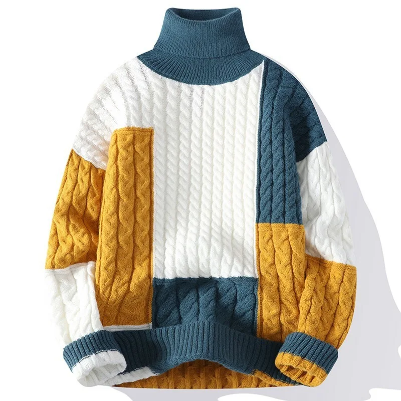 Youth Mans Knitted Sweaters Patchwork Loose Streetwear High Quality Casual Turtleneck Warm Winter Knitting Plullovers in Velvets